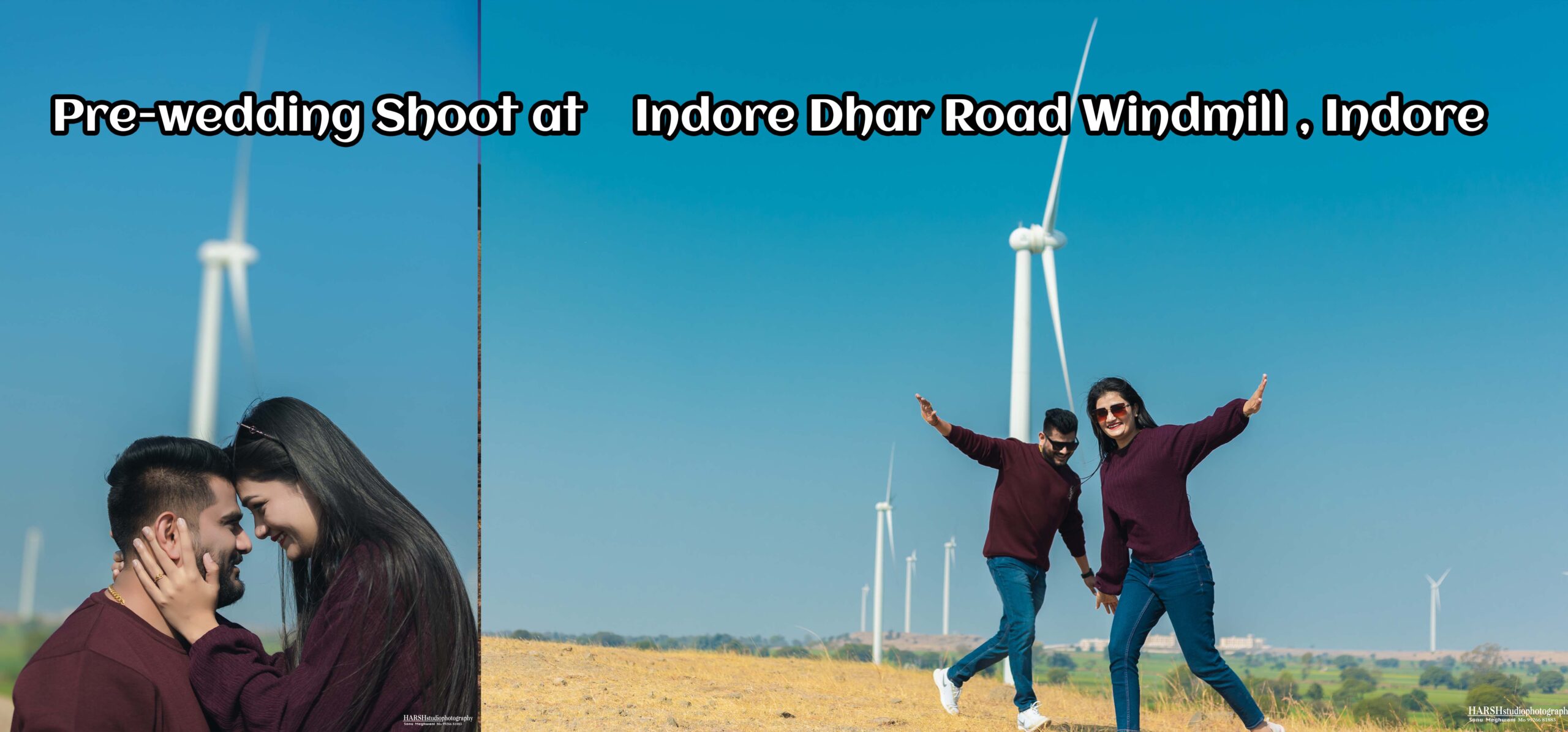 Pre-wedding shoot at Windmill on Indore Dhar Road, Indore, India, featuring a couple with wind turbines in the background, captured by Harsh Studio Photography.