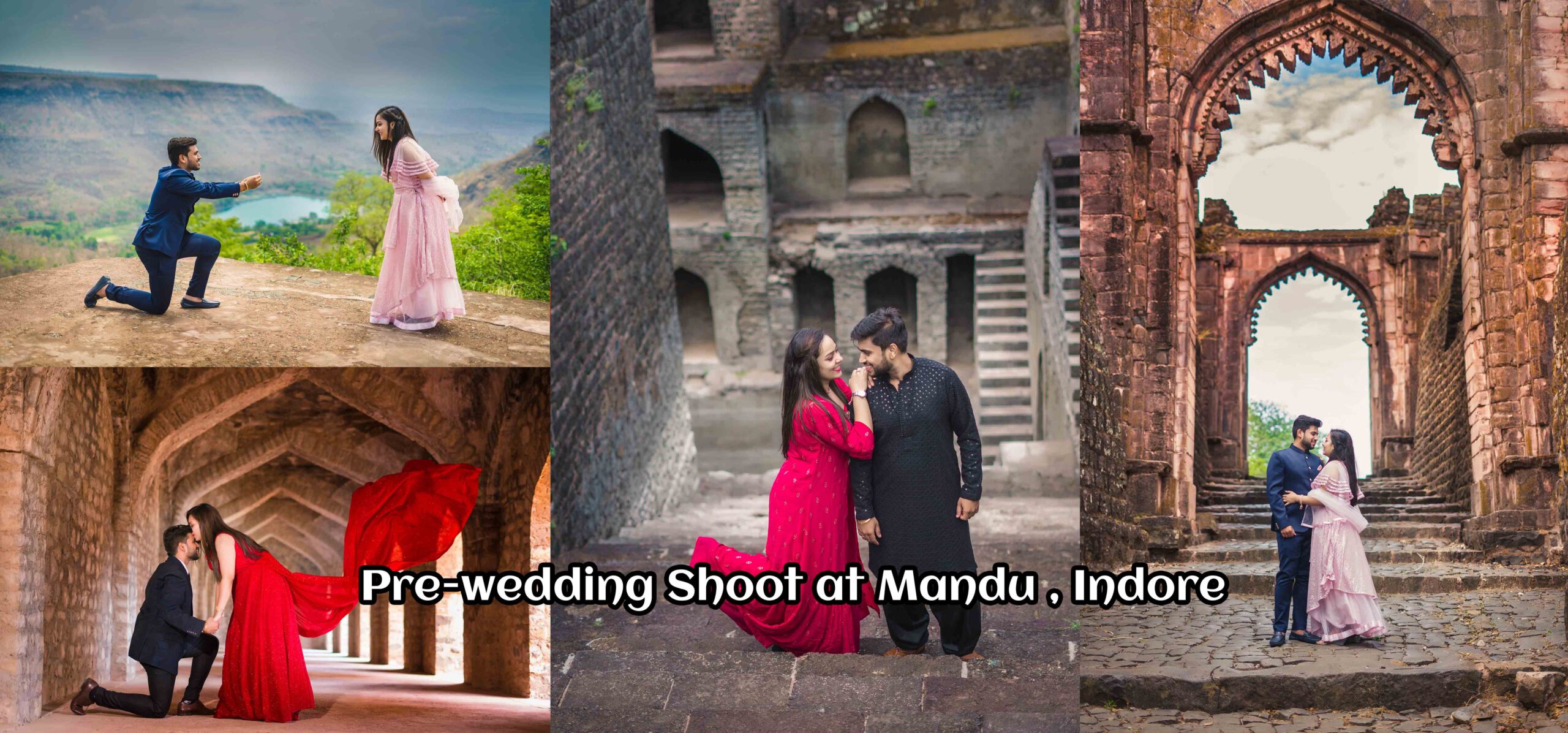 Alt Text: Pre-wedding shoot at historic Mandu, Madhya Pradesh, featuring a joyful couple captured by Harsh Studio Photography amidst ancient architecture.