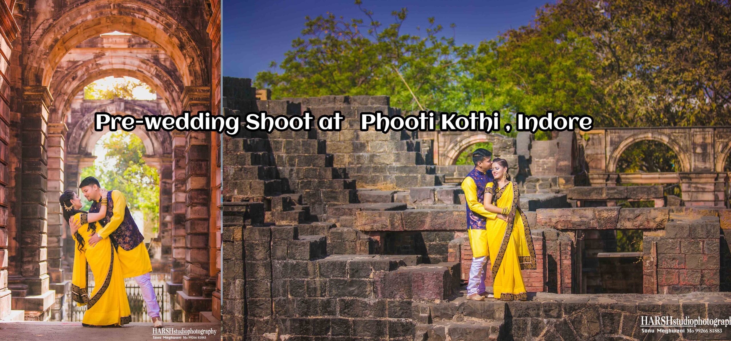 Pre-wedding shoot at Phooti Kothi, Indore, India, featuring a couple against the historic architectural backdrop, captured by Harsh Studio Photography.