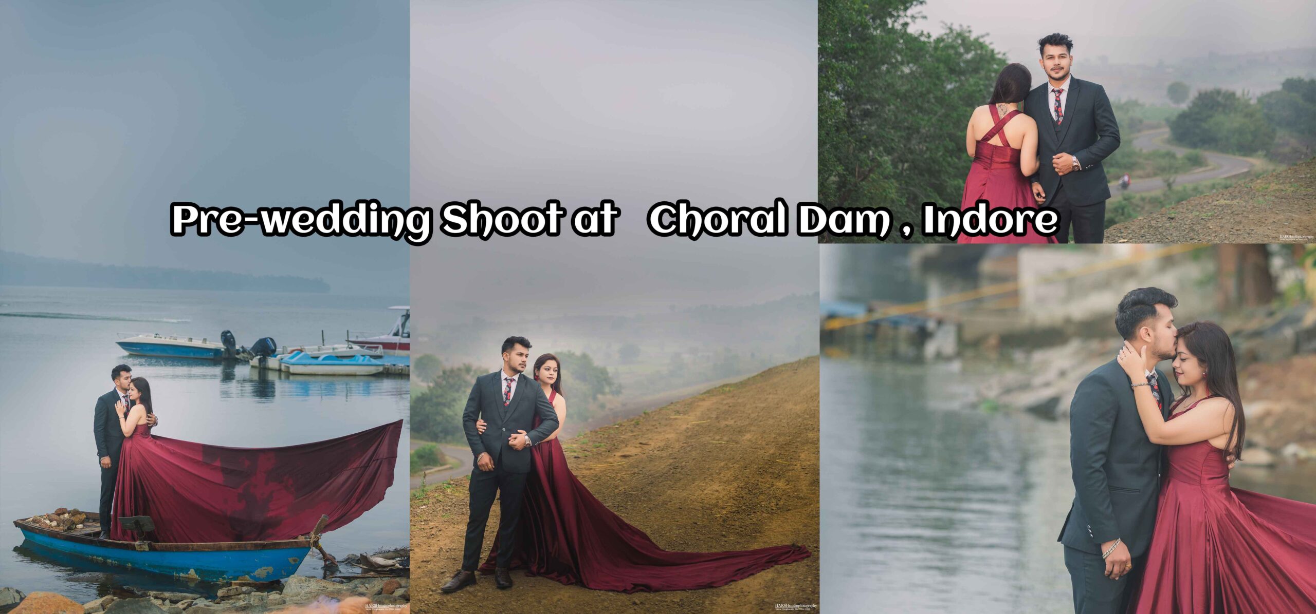 Pre-wedding shoot at Choral Resort, Indore, India, featuring a couple amidst lush greenery and serene waters, captured by Harsh Studio Photography.