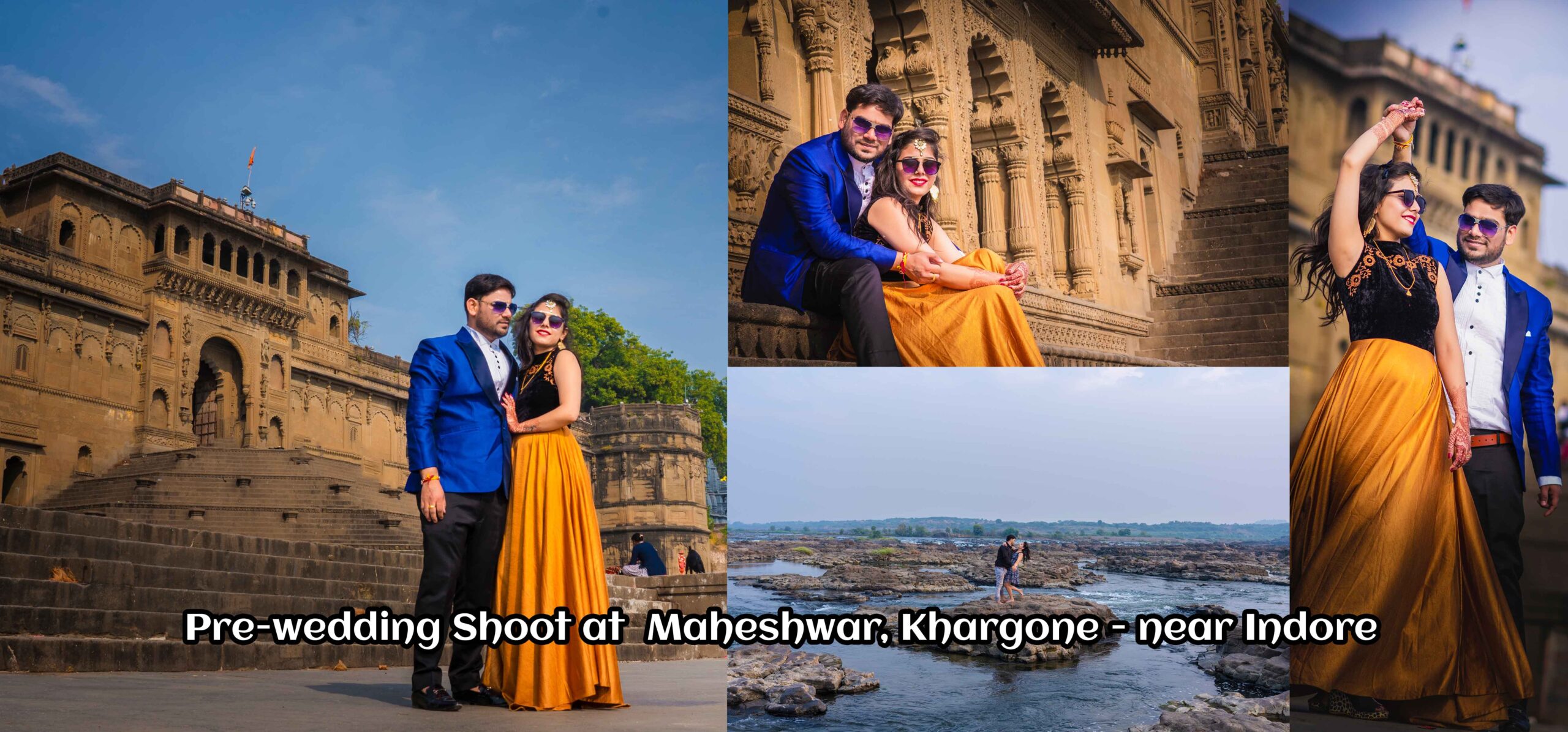 Pre-wedding shoot at Maheshwar, Madhya Pradesh, featuring a couple by the Narmada River with Ahilya Fort in the background, captured by Harsh Studio Photography.